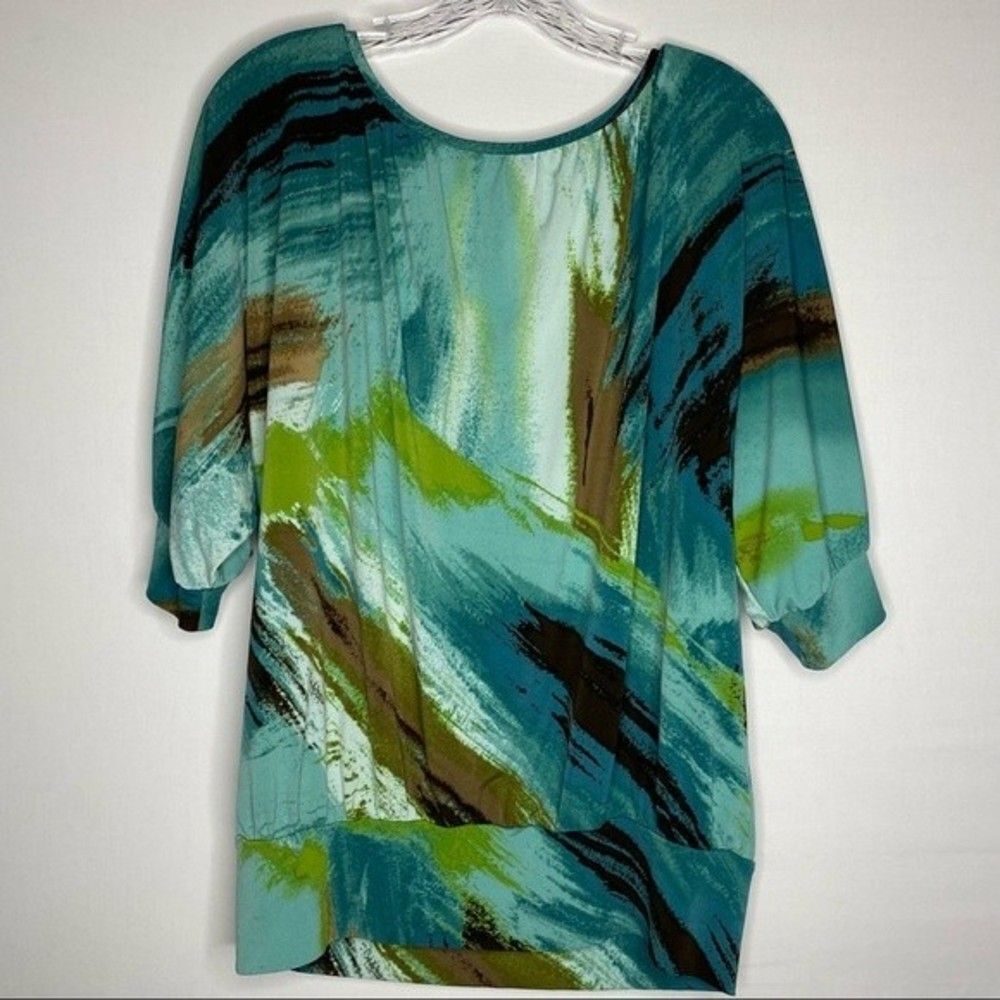 5/$25 Apt 9 Green Brown Teal Short Sleeve Stretch Blouse M - Picture 6 of 9